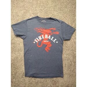 Fireball Whisky T Shirt Men's Medium Blue Tee with Red Logo Soft Cotton Blend